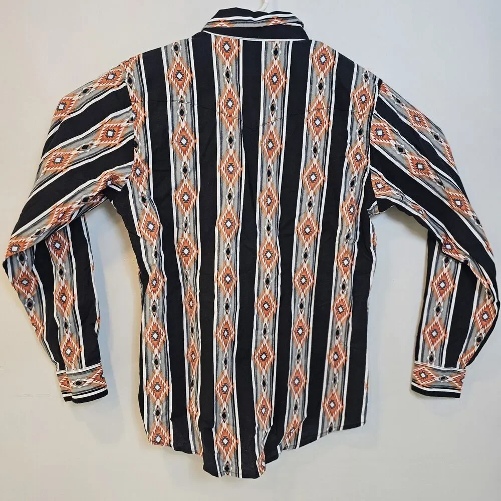 Vintage Wrangler Shirt Boys XXL Black/Orange Aztec Pearl Snap Southwestern Youth